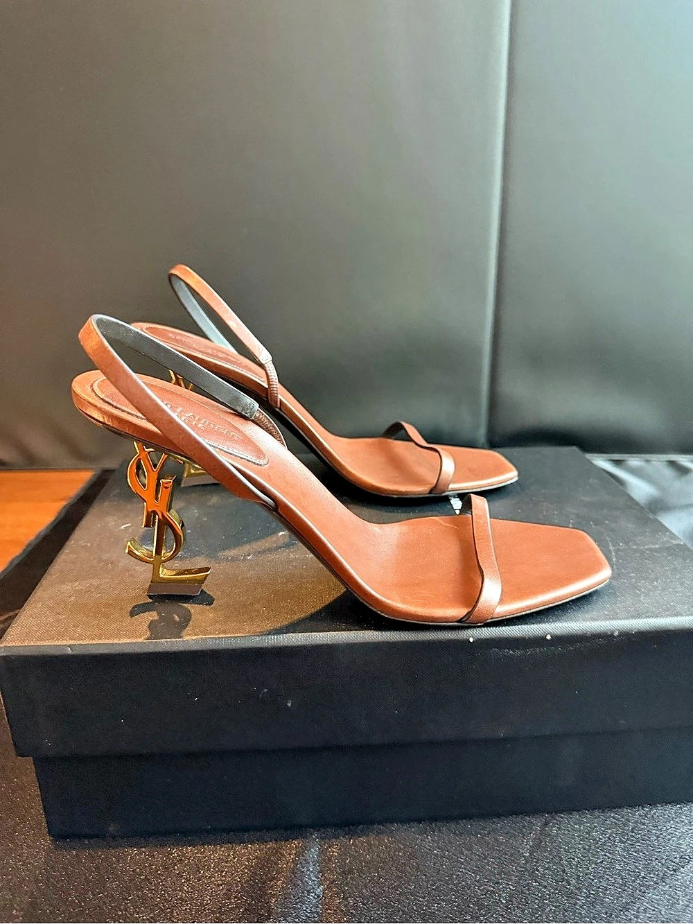 Saint Laurent Opyum Slingback Sandals in Leather Brown